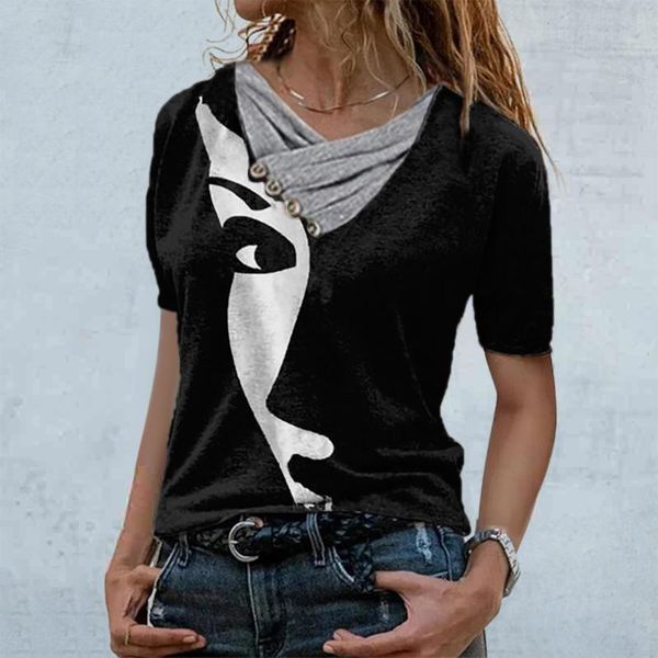 women's t-shirt human face print t shirt women graphic cross v-neck buttons summer short sleeve fashion casual vintage patchwork tee, White
women's t-shirt human face print t shirt women graphic cross v-neck buttons summer short sleeve fashion casual vintage patchwork tee, White