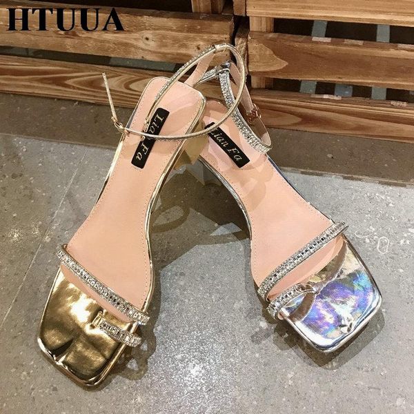 dress shoes htuua brand bling rhinestone narrow band sandals women summer square toe slingback woman party sx4019, Black