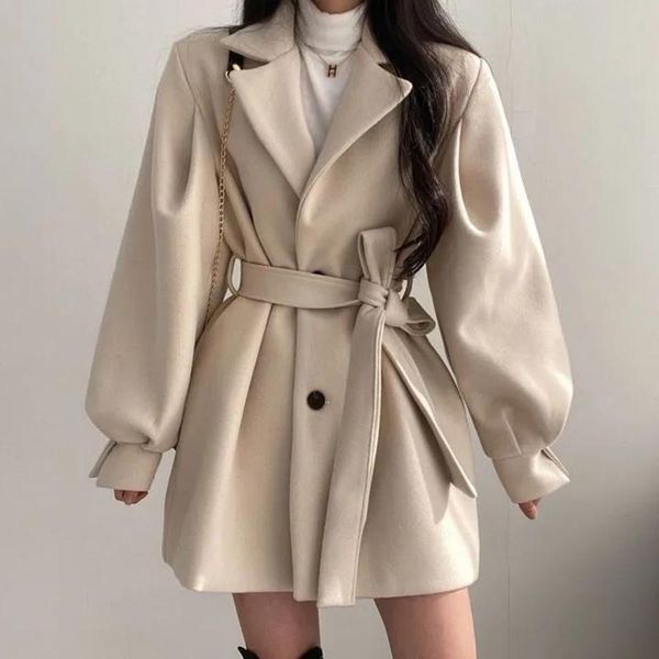 women's wool & blends clothing coats jackets chic belt lace up waist slim lapel two button lantern sleeve woolen coat, Black
women's wool & blends clothing coats jackets chic belt lace up waist slim lapel two button lantern sleeve woolen coat, Black