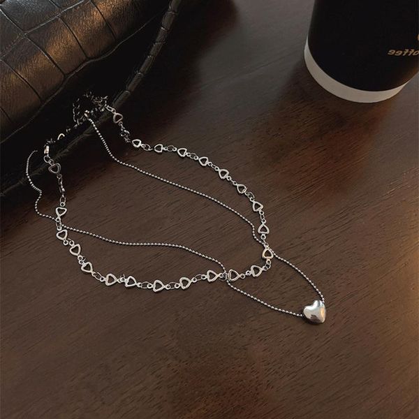 pendant necklaces allme punk hip hop hollow love heart titanium steel necklace for women double layers shiny beaded chain chokers, Silver 
pendant necklaces allme punk hip hop hollow love heart titanium steel necklace for women double layers shiny beaded chain chokers, Silver