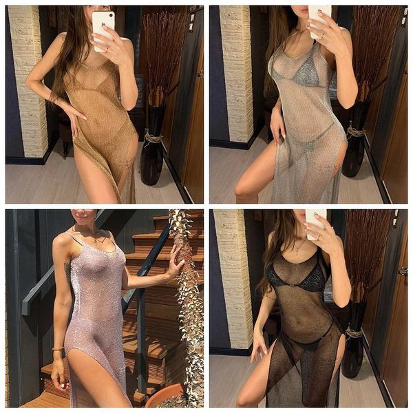 women's swimwear woman net mesh knitted glitter tunic beach cover up solid color sleeveless backless sundress bikini, White;black
women's swimwear woman net mesh knitted glitter tunic beach cover up solid color sleeveless backless sundress bikini, White;black