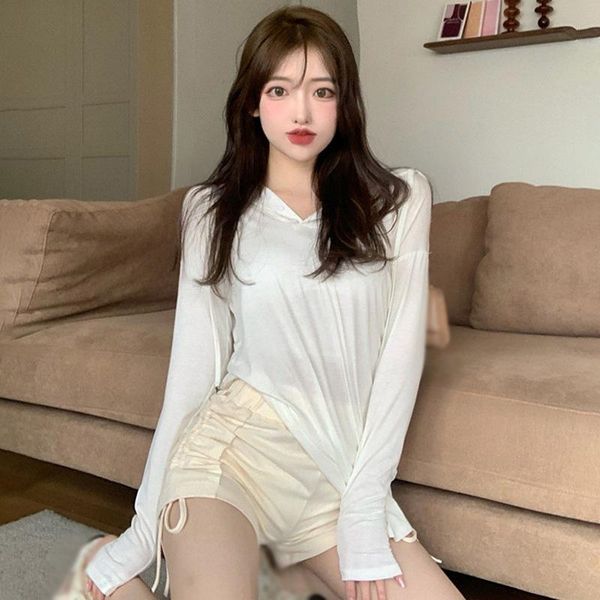 women's t-shirt pure color hooded casual self-cultivation outer wear sun protection shirt thin autumn, White
women's t-shirt pure color hooded casual self-cultivation outer wear sun protection shirt thin autumn, White