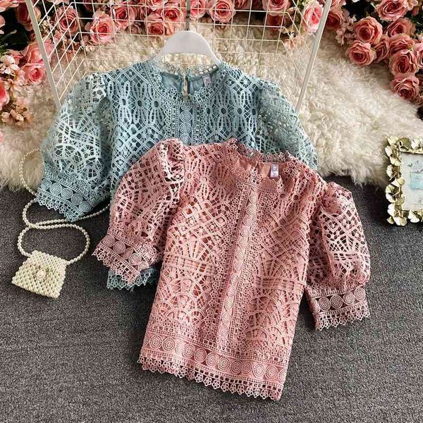 women's knits & tees sweet crochet lace short bubble sleeved pull-over joker blouse pink blue bhwv, White
women's knits & tees sweet crochet lace short bubble sleeved pull-over joker blouse pink blue bhwv, White