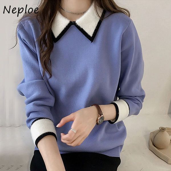 neploe hit color patchwork loose knit sweater women turn down collar long sleeve pull femme spring casual sueter 210510, White;black
neploe hit color patchwork loose knit sweater women turn down collar long sleeve pull femme spring casual sueter 210510, White;black