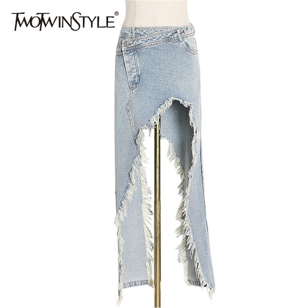 twotwinstyle patchwork tassel asymmetrical denim skirts high waist pocket irregular hem female spring fashion 210702, Black
twotwinstyle patchwork tassel asymmetrical denim skirts high waist pocket irregular hem female spring fashion 210702, Black