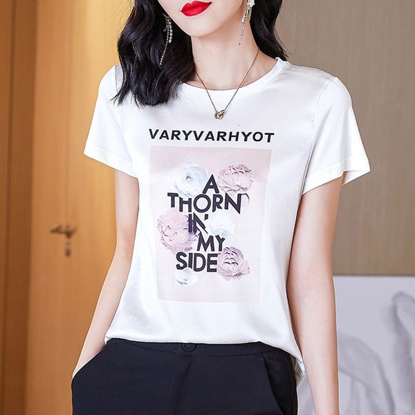 t shirt women's 2021 summer short satin fashion printed round neck pullover, White
t shirt women's 2021 summer short satin fashion printed round neck pullover, White