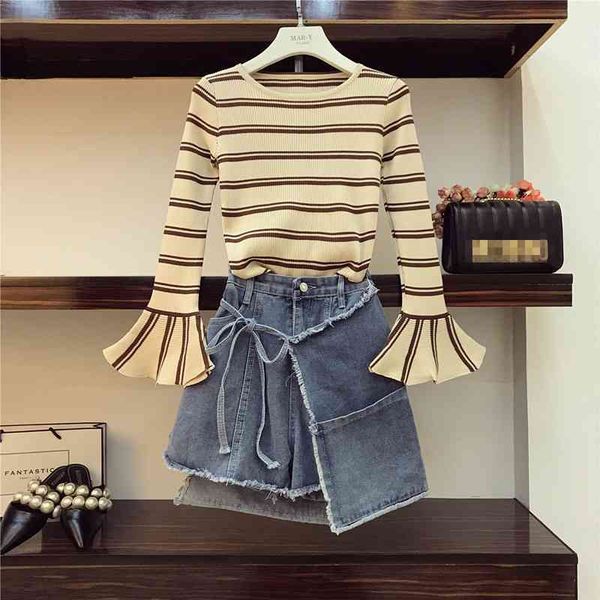knitted and denim skirt sets spring fall striped flare sleeve sweater asymmetry jeans 2 piece 210525, White
knitted and denim skirt sets spring fall striped flare sleeve sweater asymmetry jeans 2 piece 210525, White