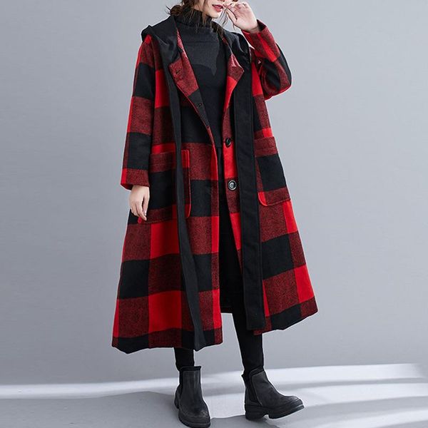 women woolen coat winter plus size long sleeve hooded red plaid jacket thick warm loose slim ladies overcoat 2021 women's wool & blends, Black
women woolen coat winter plus size long sleeve hooded red plaid jacket thick warm loose slim ladies overcoat 2021 women's wool & blends, Black