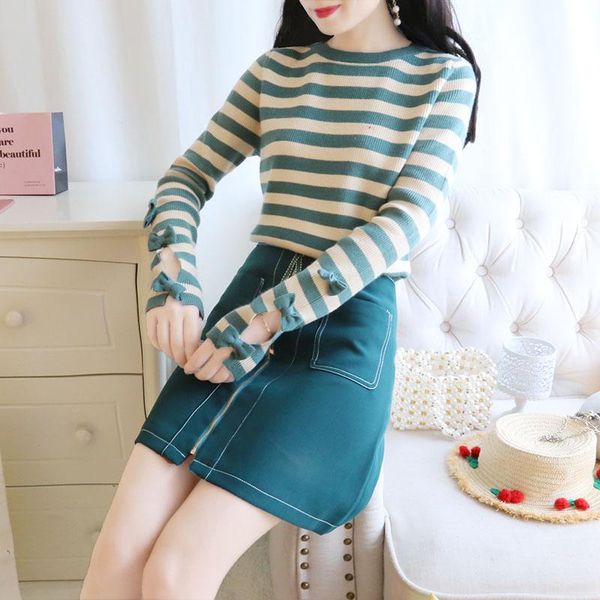 women's two piece pants korean fashion hollow out sweet bowknot long-sleeved striped sweater double pocket zipper bust skirt suit womne, White
women's two piece pants korean fashion hollow out sweet bowknot long-sleeved striped sweater double pocket zipper bust skirt suit womne, White