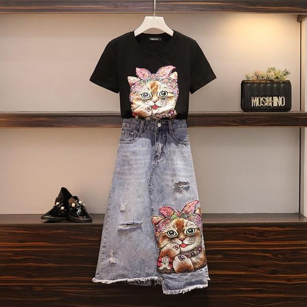 plus size tracksuits fashion summer outfits female women short sleeve patchwork cat tshirt + high waist slim denim skirt two piece set, Black
plus size tracksuits fashion summer outfits female women short sleeve patchwork cat tshirt + high waist slim denim skirt two piece set, Black