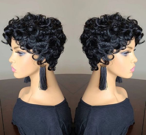 short bob pixie cut brazilian human hair wigs with bangs for woman natural color curly no lace front wig, Black
short bob pixie cut brazilian human hair wigs with bangs for woman natural color curly no lace front wig, Black