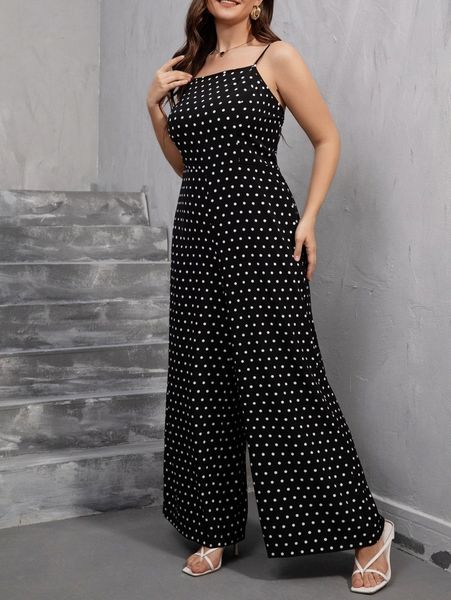 plus polka dot wide leg cami jumpsuit n5ur#, Black