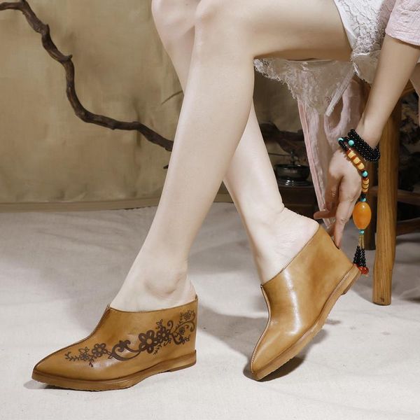 slippers spring summer 2021 women wedges retro printing increased genuine leather sandals female shoes high heels slides, Black