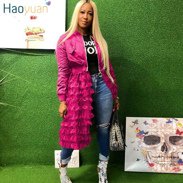 women's jackets haoyuan plus size long sleeve bomber women clothes front zipper mesh ruffle casual rose black coat outwear f192, Black;brown
women's jackets haoyuan plus size long sleeve bomber women clothes front zipper mesh ruffle casual rose black coat outwear f192, Black;brown