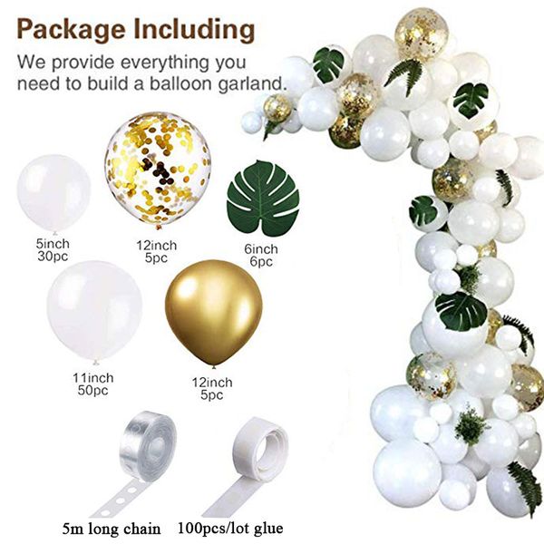 98pcs balloon garland arch kit white gold confetti balloons artificial palm leaves 6pcs balloons for wedding decoration
98pcs balloon garland arch kit white gold confetti balloons artificial palm leaves 6pcs balloons for wedding decoration