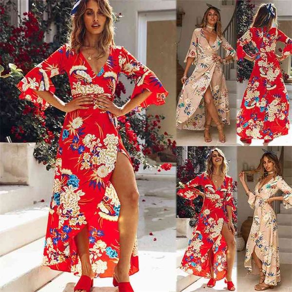 women dress summer flare sleeve floral print deep v neck lace up high split boho beach es lady vestidos 210517, Black;gray
women dress summer flare sleeve floral print deep v neck lace up high split boho beach es lady vestidos 210517, Black;gray