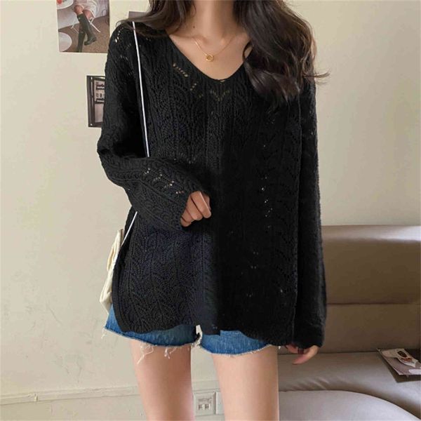 women's sweaters loose knit sweater with v-neck, chic casual female blouse sun protection autumn qhob, White;black
women's sweaters loose knit sweater with v-neck, chic casual female blouse sun protection autumn qhob, White;black
