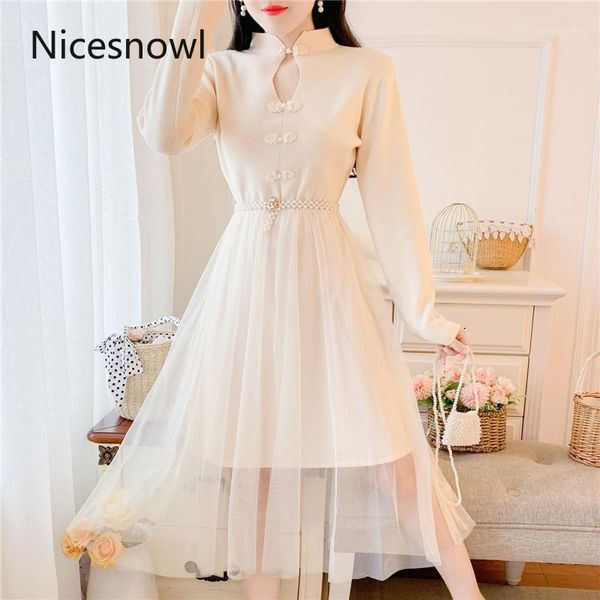 lady 2021 autumn and winter retro improved cheongsam disc button dress mesh stitching knitted long female, Black;gray 
lady 2021 autumn and winter retro improved cheongsam disc button dress mesh stitching knitted long female, Black;gray