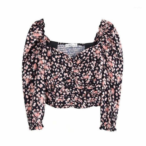 vintage chic women floral print ruched elastic short blouse elegant ladies square collar shirt casual blusas mujer women's blouses, White
vintage chic women floral print ruched elastic short blouse elegant ladies square collar shirt casual blusas mujer women's blouses, White