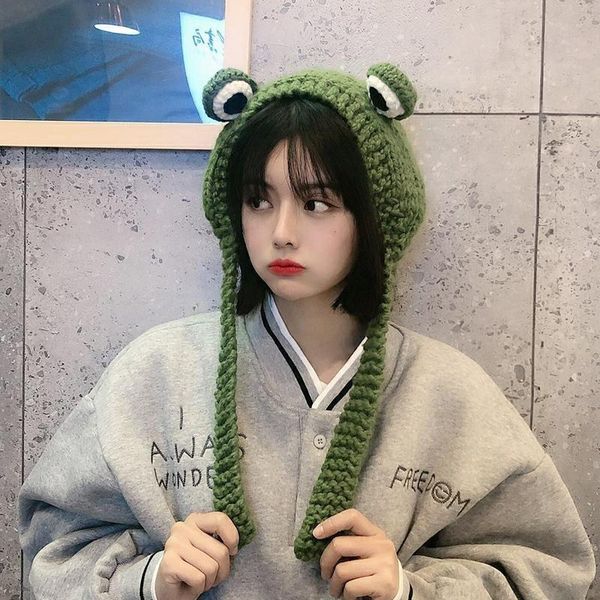 beanie/skull caps hat women cute frog eyes knitted woolen cap cartoon headgear lace ear protection girl, Blue;gray