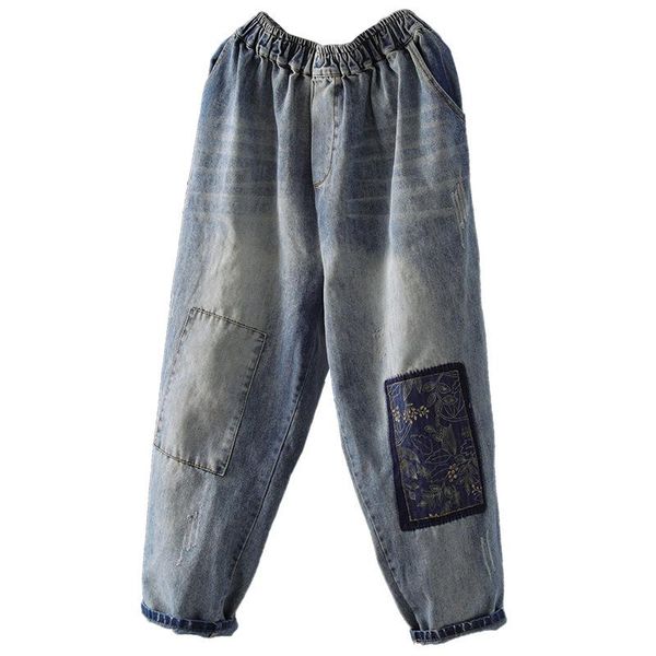 women's jeans cotton denim harem pants spring and autumn retro loose print patch elastic waist long, Blue
women's jeans cotton denim harem pants spring and autumn retro loose print patch elastic waist long, Blue