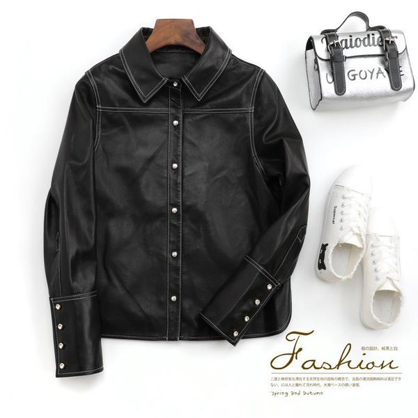 women's leather & faux nail drill short coat women european and american slim show thin sheep skin genuine, Black
women's leather & faux nail drill short coat women european and american slim show thin sheep skin genuine, Black