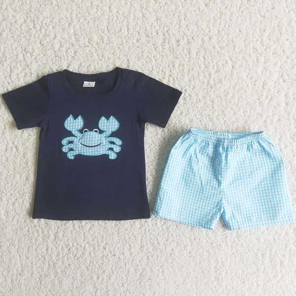 

kids designer clothes boys summer sets seersucker shorts crab embroidery cotton boutique baby boy clothing short sleeve wholesale toddler ou, White
