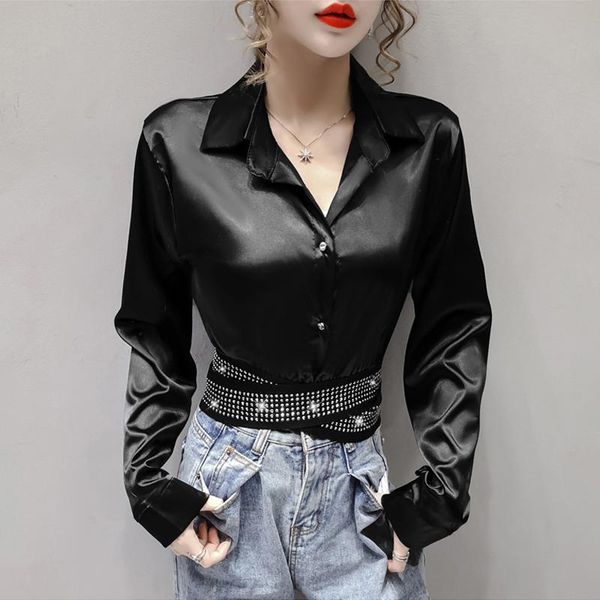 women's blouses & shirts long sleeve satin fashion spring diamond criss cross blouse female women 2021 crop streetwear, White
women's blouses & shirts long sleeve satin fashion spring diamond criss cross blouse female women 2021 crop streetwear, White
