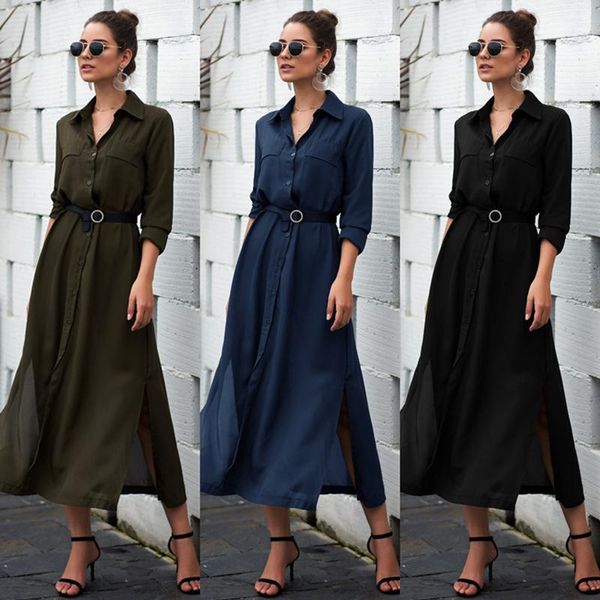 casual dresses 2021 summer women's fashion solid turn down collar buttons pockets empire lace up split ankle lenght dress lady slim, Black;gray
casual dresses 2021 summer women's fashion solid turn down collar buttons pockets empire lace up split ankle lenght dress lady slim, Black;gray