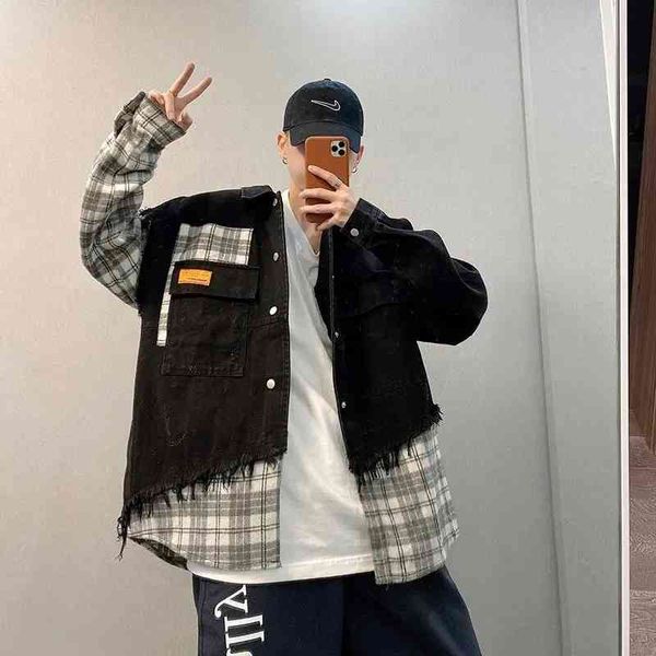 men's jackets jeans mens korean fake two piece denim coat male black patchwork plaid outerwear streetwear oversized loose ves, Black;brown
men's jackets jeans mens korean fake two piece denim coat male black patchwork plaid outerwear streetwear oversized loose ves, Black;brown