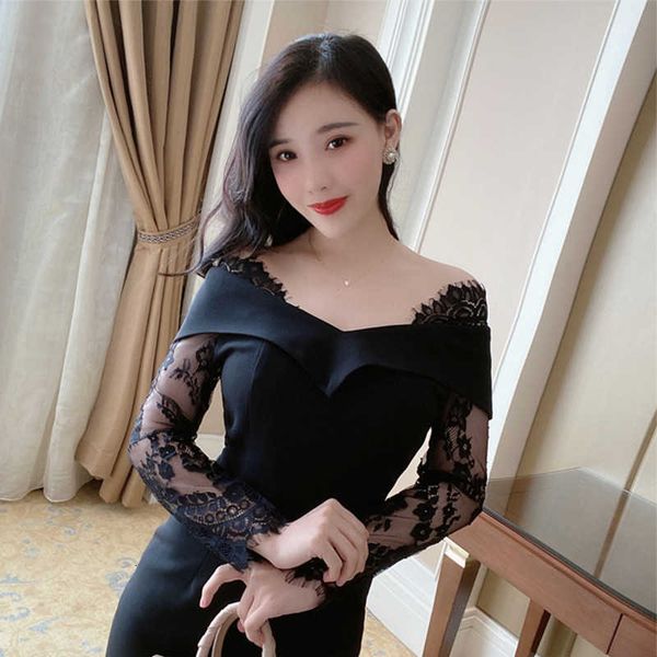 luxury evening dress 2021 french fall slim cut off shoulder stitched lace skirt, Black;gray
luxury evening dress 2021 french fall slim cut off shoulder stitched lace skirt, Black;gray