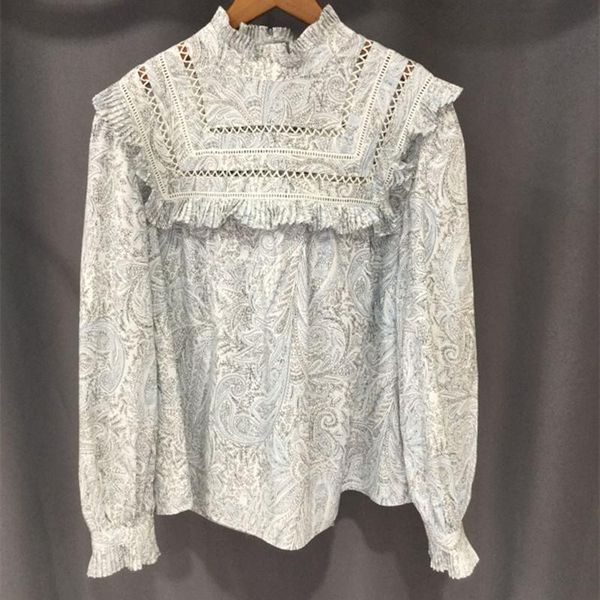 women's blouses & shirts women ruffles trim blouse paisley print stand collar hollow out long sleeve loose with buttons 2021 autumn swe, White
women's blouses & shirts women ruffles trim blouse paisley print stand collar hollow out long sleeve loose with buttons 2021 autumn swe, White