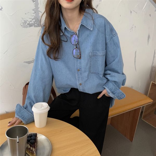 long sleeve pockets female shirts spring loose denim shirt women's folding cotton denim women blouse shirt 537j 210420, White
long sleeve pockets female shirts spring loose denim shirt women's folding cotton denim women blouse shirt 537j 210420, White