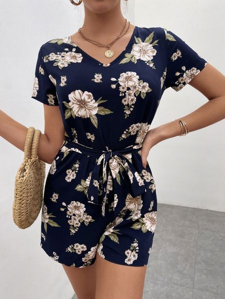 floral print keyhole back belted romper o2kr#, White