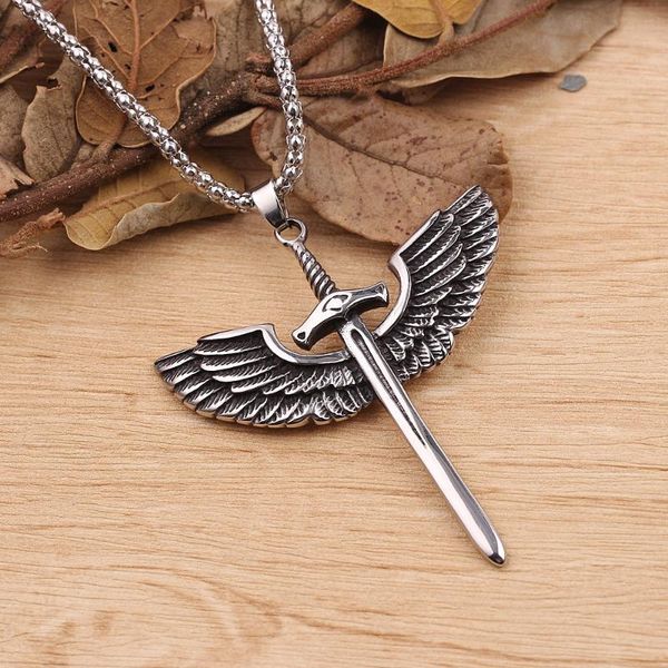 pendant necklaces vintage stainless steel angel wing sword necklace punk hip hop men women chain jewelry gift, Silver
pendant necklaces vintage stainless steel angel wing sword necklace punk hip hop men women chain jewelry gift, Silver