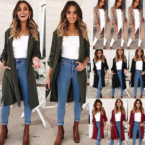 women's trench coats 3/4 sleeve printing dyeing tinct slim solid color ladies lace up two pockets slender long outdoor casual coat, Tan;black
women's trench coats 3/4 sleeve printing dyeing tinct slim solid color ladies lace up two pockets slender long outdoor casual coat, Tan;black