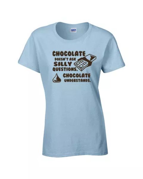 chocolate doesn't ask silly questions chocolate understands ladies tee shirt799, White;black
chocolate doesn't ask silly questions chocolate understands ladies tee shirt799, White;black