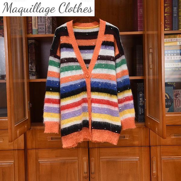 women's knits & tees 2021 autumn winter fashion rainbow stripe v-neck mohair cardigans coat c372, White
women's knits & tees 2021 autumn winter fashion rainbow stripe v-neck mohair cardigans coat c372, White