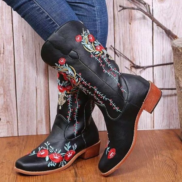 vintage embroidery mid calf designer boots pointed toe antiskid shoes women chunky heels black short pu female booties
vintage embroidery mid calf designer boots pointed toe antiskid shoes women chunky heels black short pu female booties