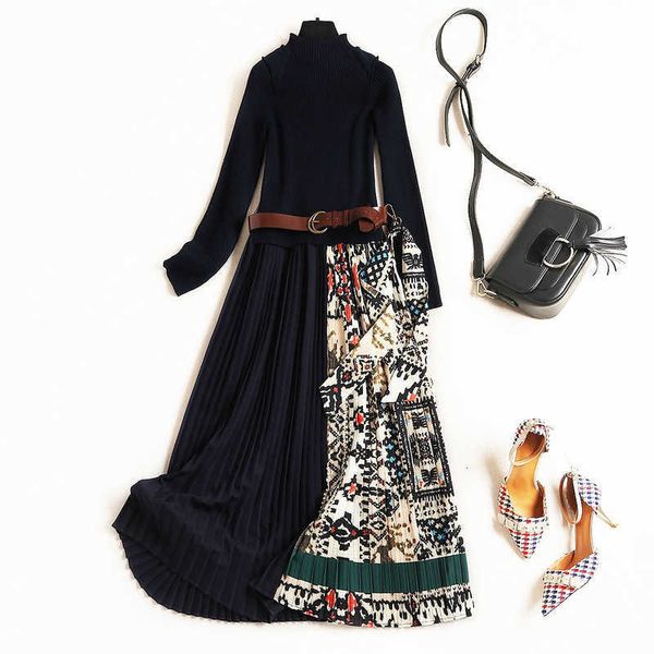 designer women winter long sleeve fashion knitting patchwork sweater dress vintage print midi pleated vestidos 210601, Black;gray
designer women winter long sleeve fashion knitting patchwork sweater dress vintage print midi pleated vestidos 210601, Black;gray