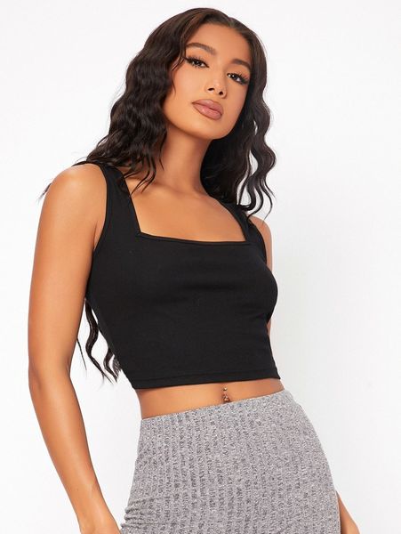 tall square neck rib knit tank l2se#, White
