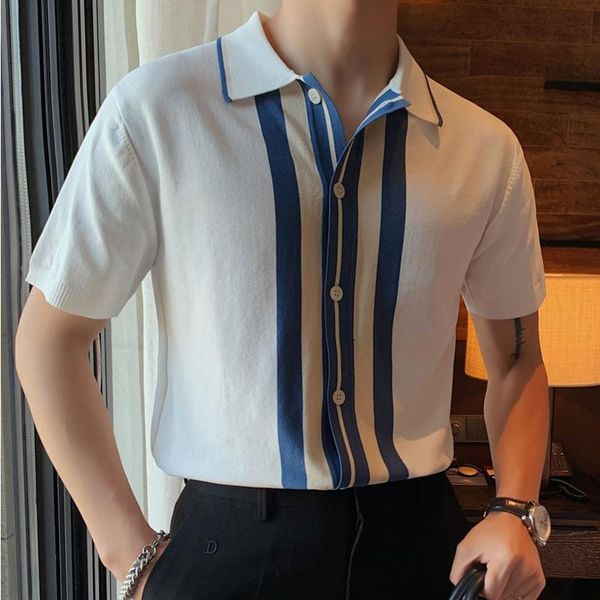 maglietta uomo hommes de vêtement men short-sleeved knitted shirt striped contrast color british summer men's polos, White;black
maglietta uomo hommes de vêtement men short-sleeved knitted shirt striped contrast color british summer men's polos, White;black