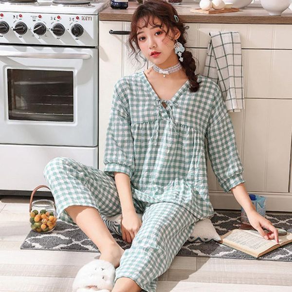 pajamas women sleepwear set student plaid summer cotton pyjama long shirt pants 2piece home mom fashion clothes, Black;red
pajamas women sleepwear set student plaid summer cotton pyjama long shirt pants 2piece home mom fashion clothes, Black;red