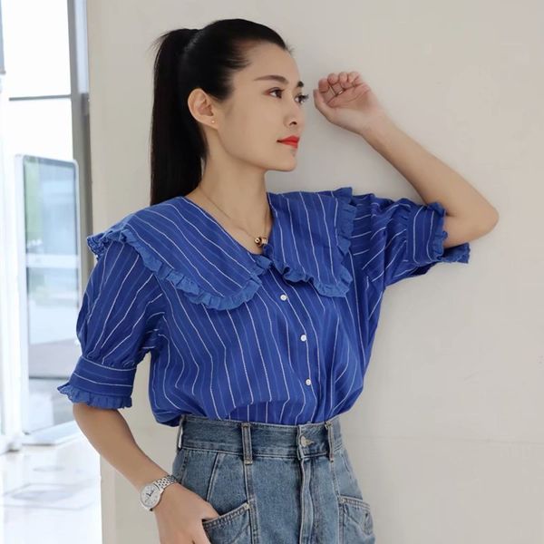 summer women striped shirt ruffled neck short sleeves chic lady fashion casual clothes 210517, White
summer women striped shirt ruffled neck short sleeves chic lady fashion casual clothes 210517, White