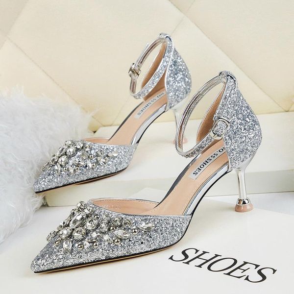 women sandals pu sequined cloth buckle strap 6.5cm thin heels high pointed toe rhinestones bling shallow shoes, Black 
women sandals pu sequined cloth buckle strap 6.5cm thin heels high pointed toe rhinestones bling shallow shoes, Black