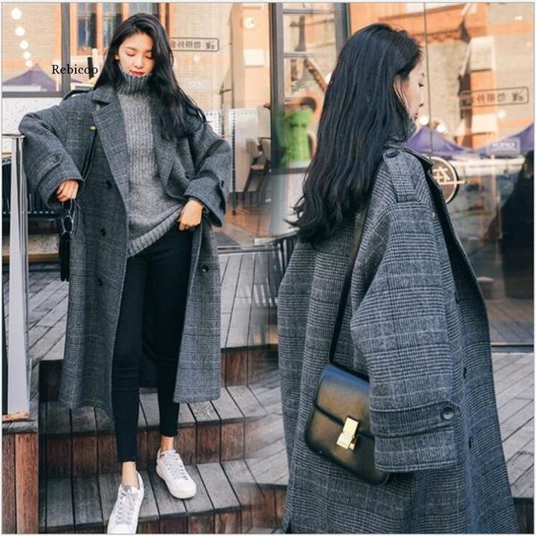 women's wool & blends autumn winter plaid woolen coat fashion causal women turndown collar loose thick coats female, Black
women's wool & blends autumn winter plaid woolen coat fashion causal women turndown collar loose thick coats female, Black