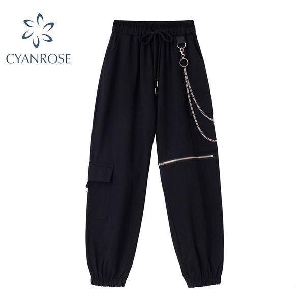 high waist black cargo pants women harajuku punk wide leg pants gothic pockets streetwear joggers ring chain females trousers 210417, Black;white
high waist black cargo pants women harajuku punk wide leg pants gothic pockets streetwear joggers ring chain females trousers 210417, Black;white