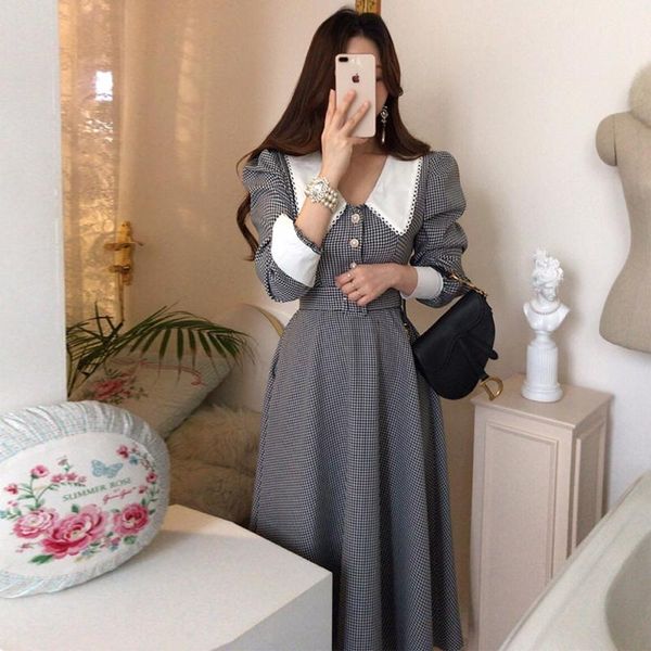 casual dresses plaid a-line long dress puff sleeve button belt retro autumn arrival 2021 korean elegant middle robe, Black;gray
casual dresses plaid a-line long dress puff sleeve button belt retro autumn arrival 2021 korean elegant middle robe, Black;gray