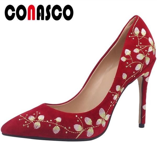 dress shoes conasco embroider kid suede women pumps high heels elegant fashion wedding party shallow pointed toe quality woman, Black 
dress shoes conasco embroider kid suede women pumps high heels elegant fashion wedding party shallow pointed toe quality woman, Black