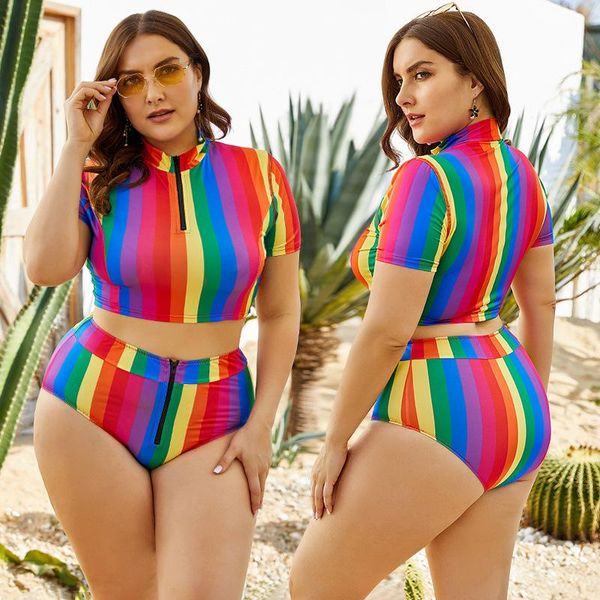 women's swimwear 2021 bikini plus size swimsuit women two piece short sleeve rainbow stripes high waist triangle panties large lady bat, White;black
women's swimwear 2021 bikini plus size swimsuit women two piece short sleeve rainbow stripes high waist triangle panties large lady bat, White;black